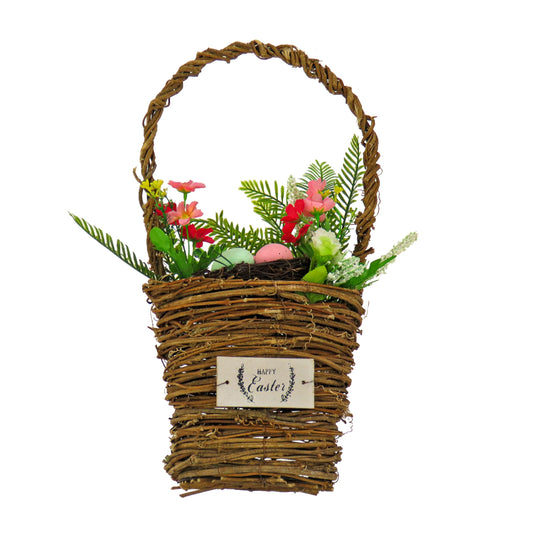 Artificial Woven Basket, Decorated with Colorful Flower Blooms, Leafy Greens, Easter Collection, 15 Inches