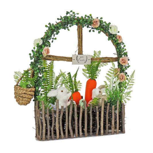 Artificial Window Pane Decoration, Decorated with Bunnies, Carrots, Flower Blooms, Leafy Greens, Easter Collection, 19 Inches