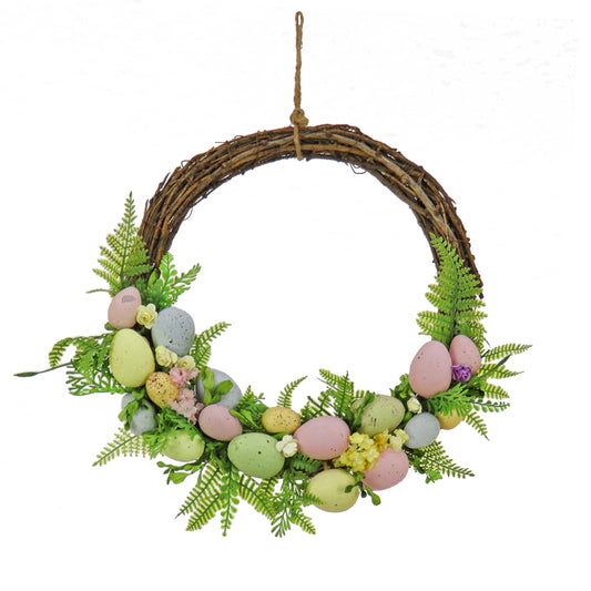 Artificial Hanging Wreath, Woven Branch Base, Decorated with Pastel Eggs, Fern Fronds, Flower Blooms, Easter Collection, 16 Inches