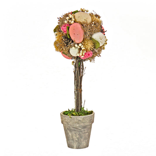 Artificial Potted Plant, Decorated with Pastel Eggs, Berry Clusters, Leafy Greens, Includes Distressed Gray Pot, Easter Collection, 14 Inches